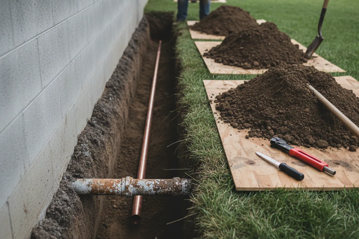Excavated water line trench during Sewer Line Repair in Cream Ridge